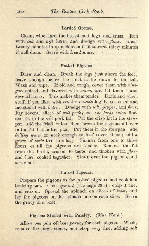 Pigeon recipes from the Boston Cook Book